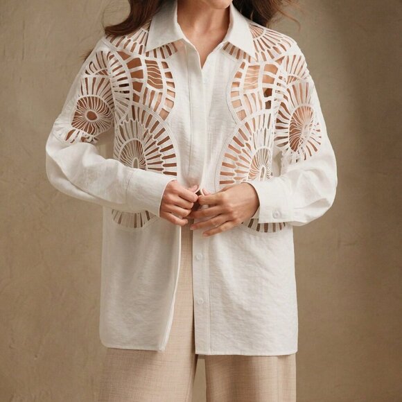 White Casual Women's Lace Hollow Splice Versatile Cardigan Collared Blouse - Picture 2 of 8
